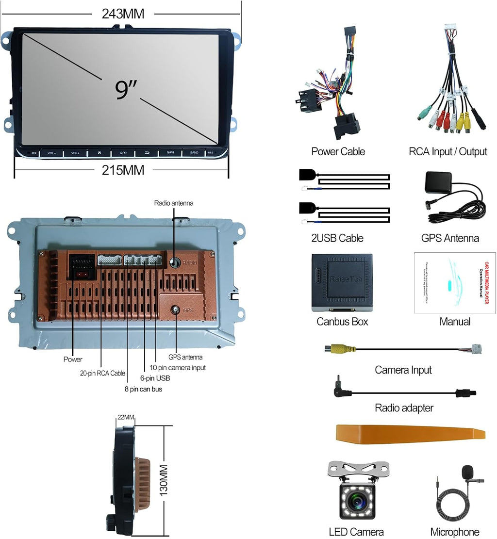 2G+32G Android13 9 Inch IPS Touchscreen Car Stereo for VW Passat Jetta Tiguan Golf MK5 MK6 T5 EOS Polo Radio with Wireless Apple CarPlay Android Auto BT GPS WiFi SWC FM Backup Camera MIC