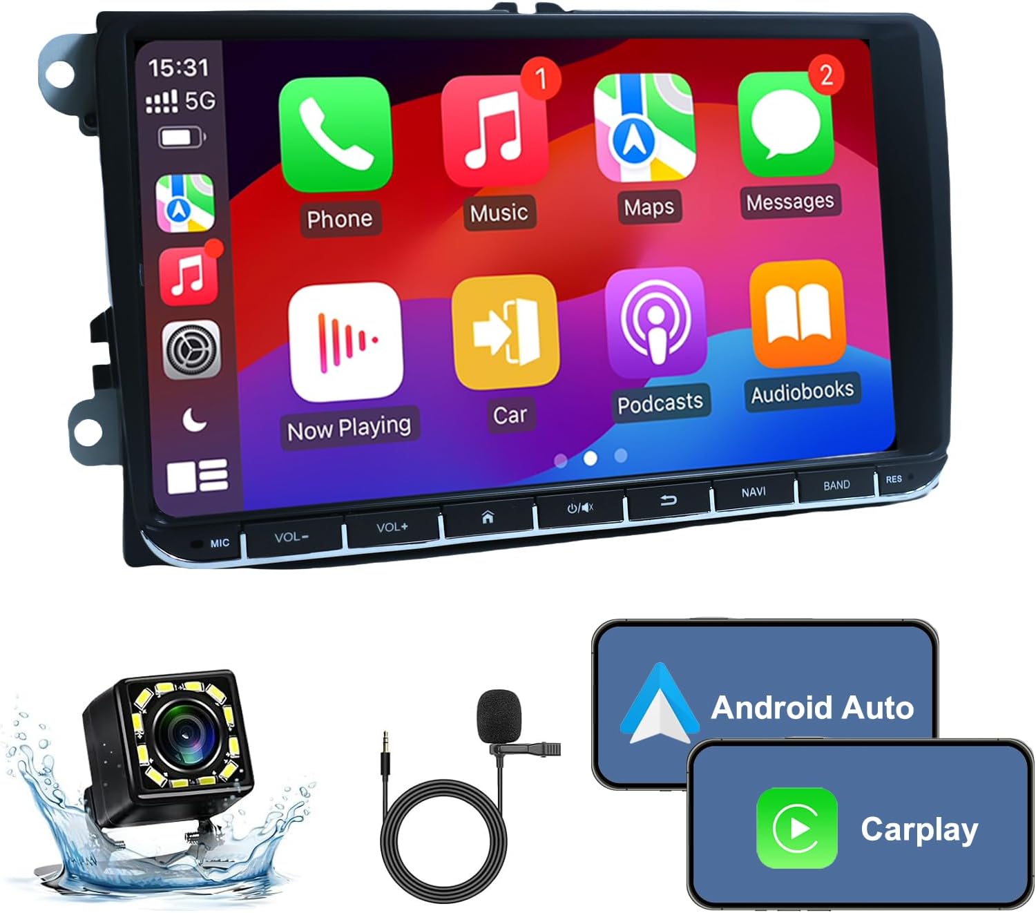 2G+32G Android13 9 Inch IPS Touchscreen Car Stereo for VW Passat Jetta Tiguan Golf MK5 MK6 T5 EOS Polo Radio with Wireless Apple CarPlay Android Auto BT GPS WiFi SWC FM Backup Camera MIC