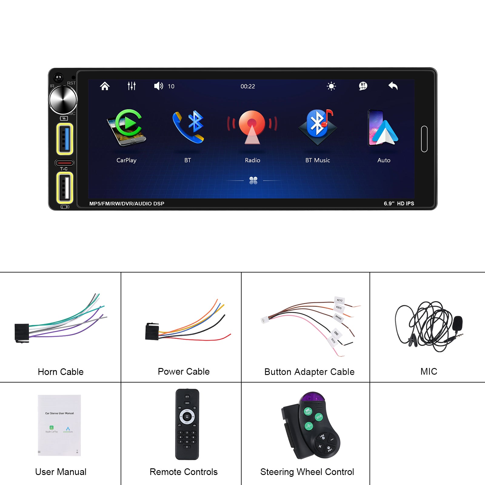 Single din car stereo with Carplay 6.9''  Car MP5 Player Car Stereo with Carplay Android Auto IPS Touch Screen FM/RDS USB EQ BT DVR ODM