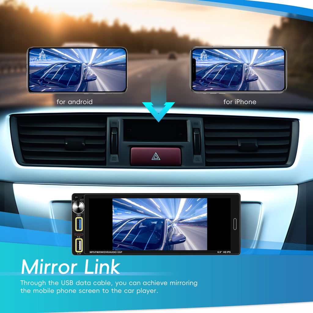 Single din car stereo with Carplay 6.9''  Car MP5 Player Car Stereo with Carplay Android Auto IPS Touch Screen FM/RDS USB EQ BT DVR ODM