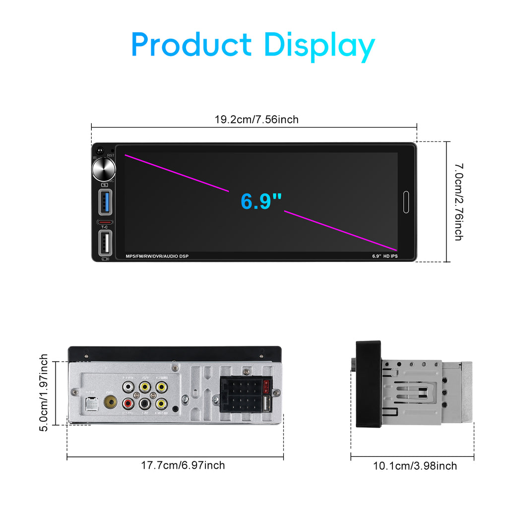 Single din car stereo with Carplay 6.9''  Car MP5 Player Car Stereo with Carplay Android Auto IPS Touch Screen FM/RDS USB EQ BT DVR ODM