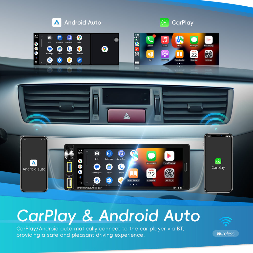 Single din car stereo with Carplay 6.9''  Car MP5 Player Car Stereo with Carplay Android Auto IPS Touch Screen FM/RDS USB EQ BT DVR ODM